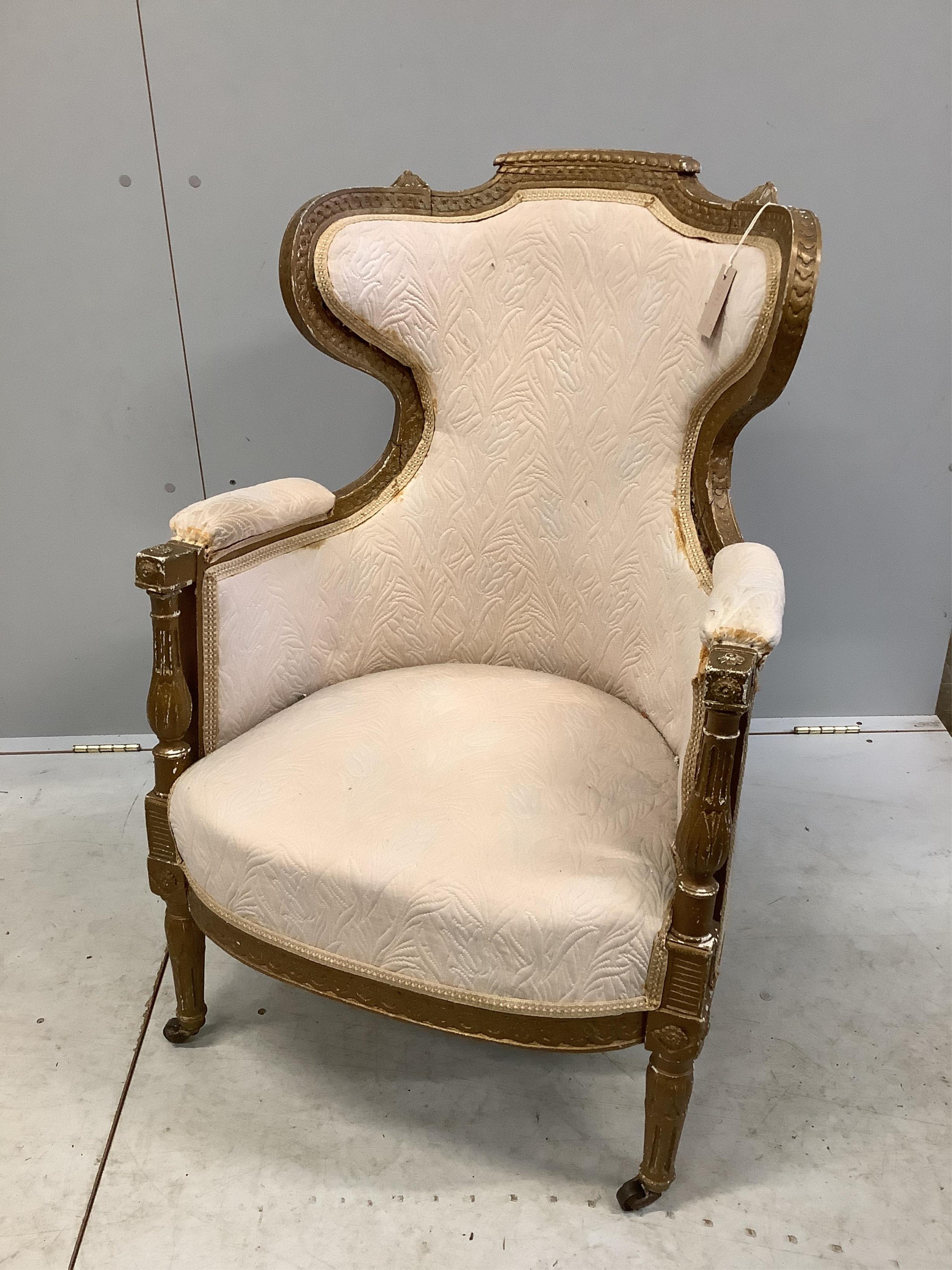Two Louis XVI style giltwood armchairs, larger width 68cm, depth 72cm, height 100cm. Condition - fair